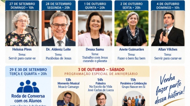 Sociedade de Estudos Espíritas 3 de Outubro completa 76 anos e promove semana especial com palestras, música, rodas de conversa e atividades comemorativas em São Paulo.

Crédito: Divulgação