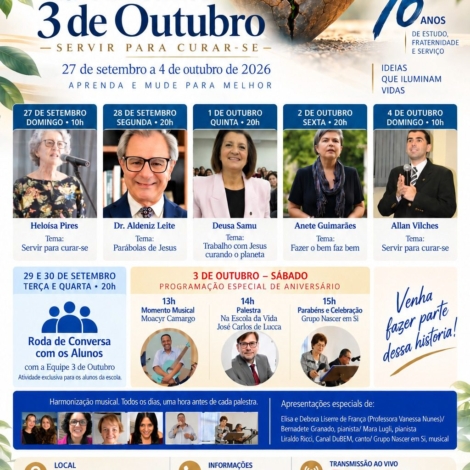 Sociedade de Estudos Espíritas 3 de Outubro completa 76 anos e promove semana especial com palestras, música, rodas de conversa e atividades comemorativas em São Paulo. Crédito: Divulgação