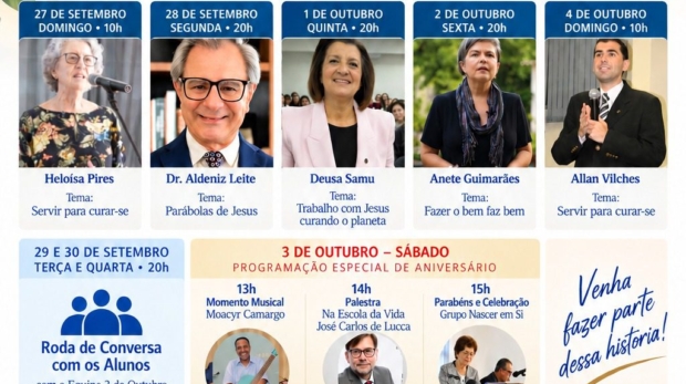 Sociedade de Estudos Espíritas 3 de Outubro completa 76 anos e promove semana especial com palestras, música, rodas de conversa e atividades comemorativas em São Paulo. Crédito: Divulgação
