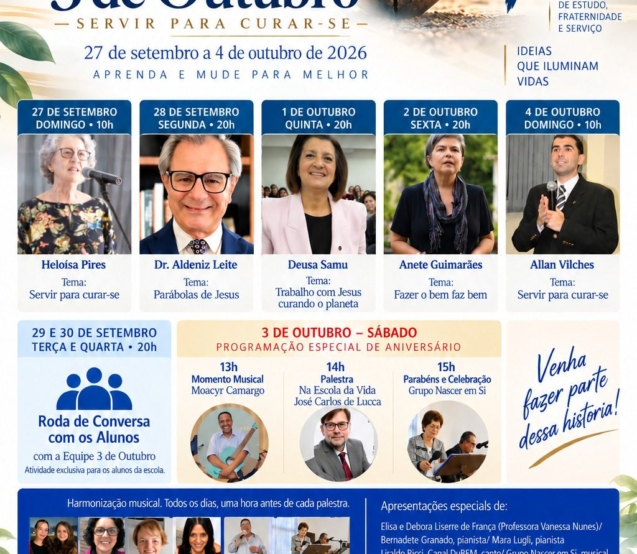 Sociedade de Estudos Espíritas 3 de Outubro completa 76 anos e promove semana especial com palestras, música, rodas de conversa e atividades comemorativas em São Paulo. Crédito: Divulgação