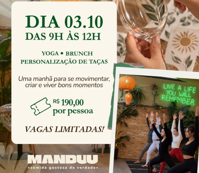 Manduu recebe manhã de yoga, brunch e personalização de taças em uma experiência de bem-estar e conexão, no dia 3 de outubro, em Santo André.

Crédito: Divulgação