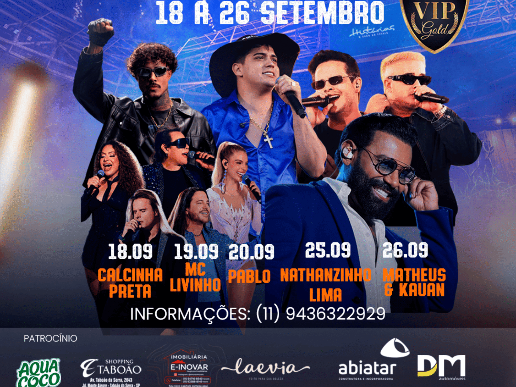 Festa do Peão de Taboão da Serra 2026 reúne cinco grandes atrações nacionais entre os dias 18 e 26 de setembro. Crédito: Divulgação