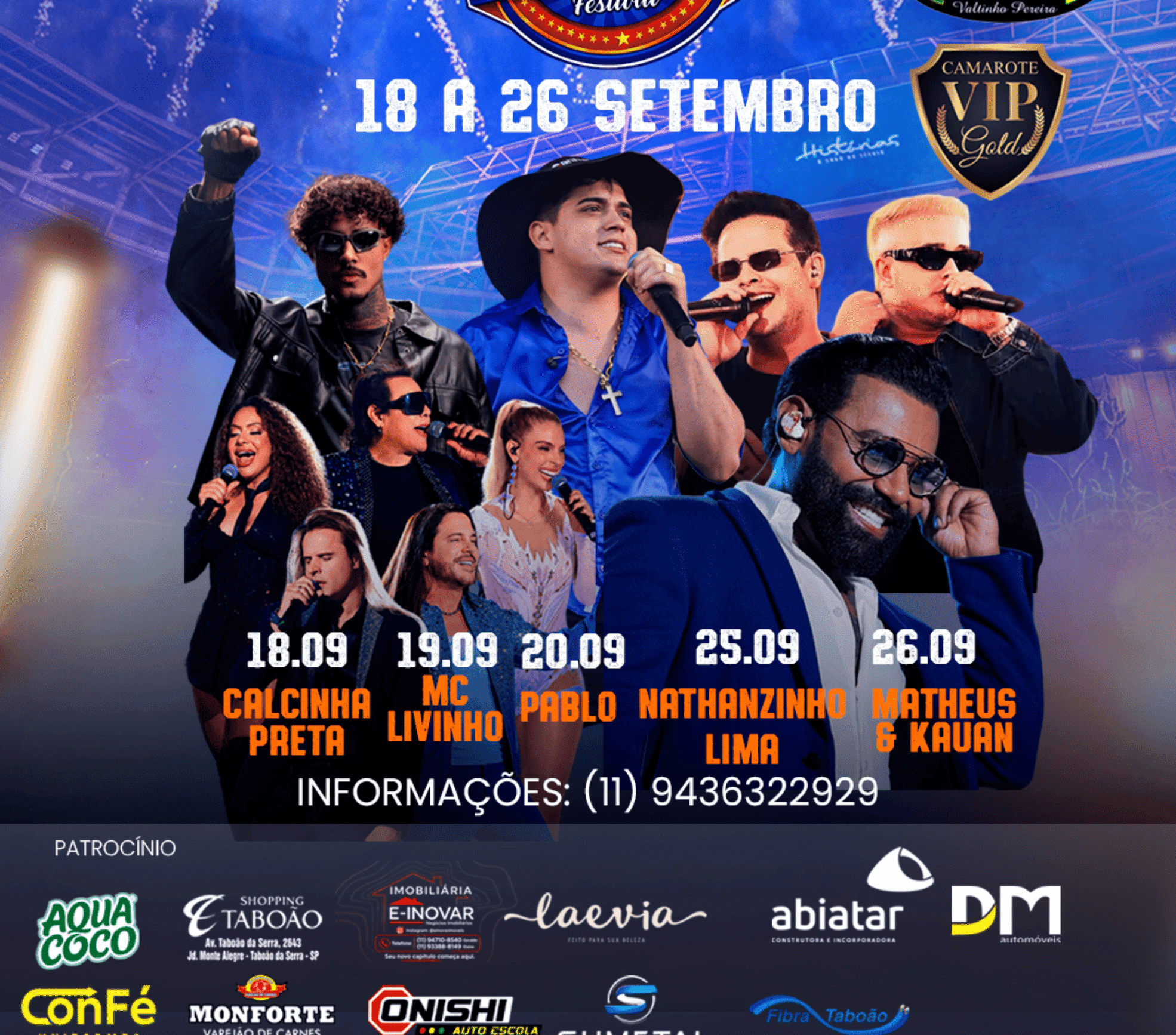 Festa do Peão de Taboão da Serra 2026 reúne cinco grandes atrações nacionais entre os dias 18 e 26 de setembro. Crédito: Divulgação