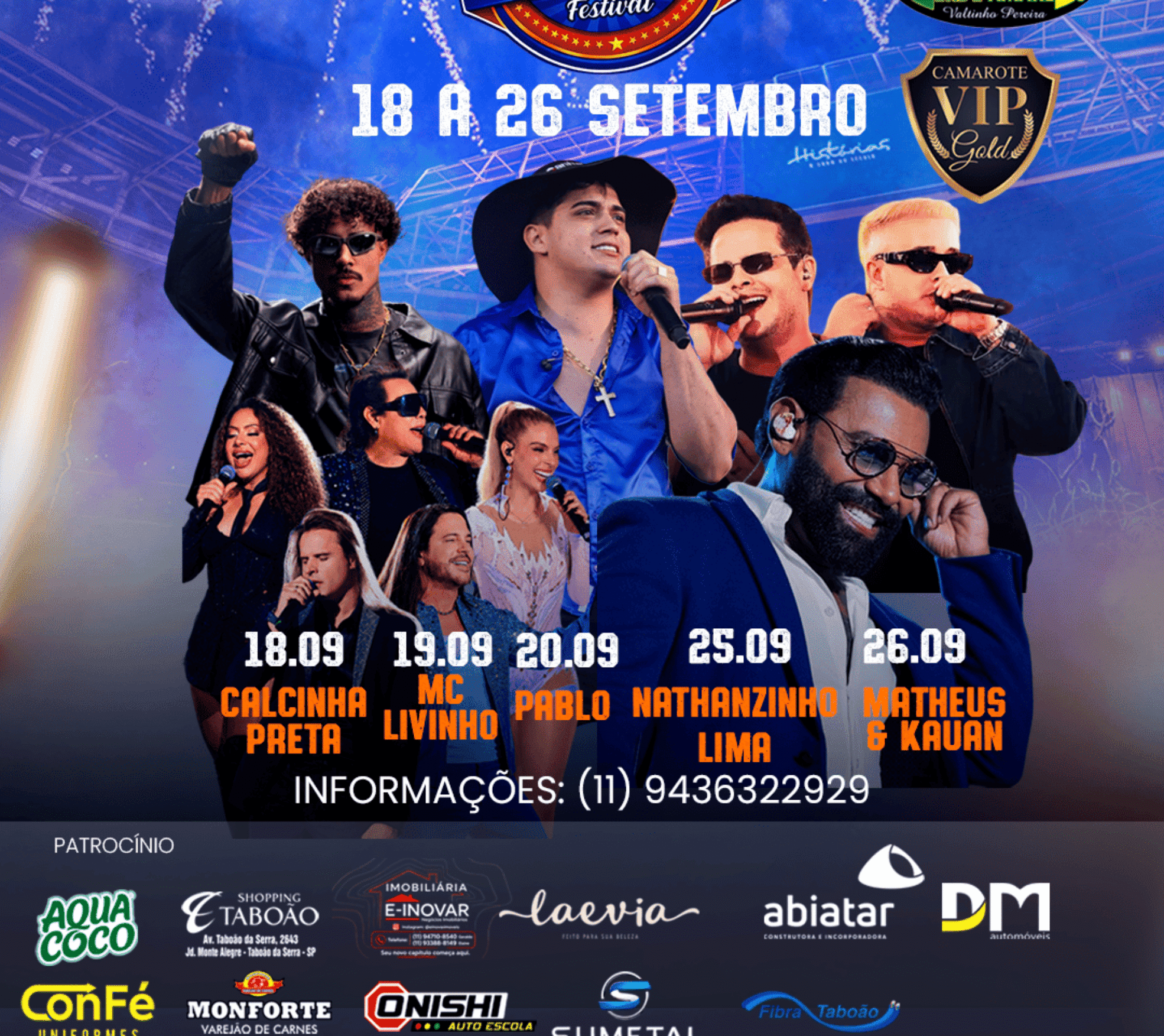 Festa do Peão de Taboão da Serra 2026 reúne cinco grandes atrações nacionais entre os dias 18 e 26 de setembro. Crédito: Divulgação