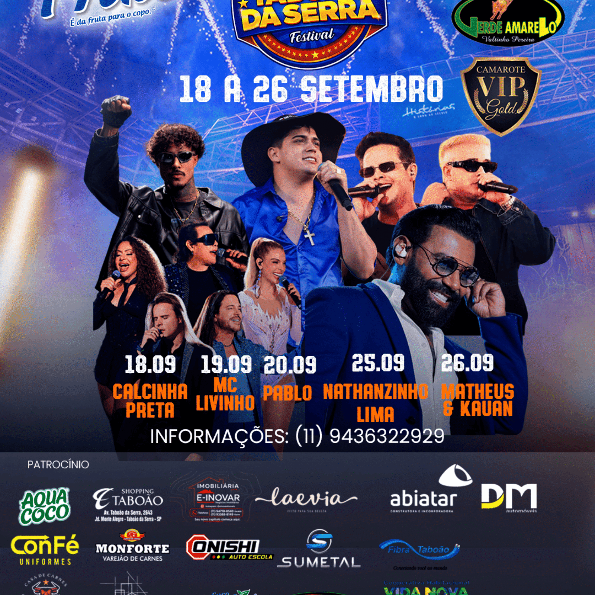 Festa do Peão de Taboão da Serra 2026 reúne cinco grandes atrações nacionais entre os dias 18 e 26 de setembro. Crédito: Divulgação