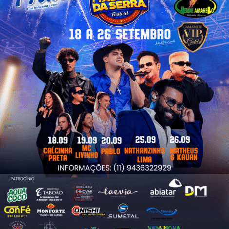 Festa do Peão de Taboão da Serra 2026 reúne cinco grandes atrações nacionais entre os dias 18 e 26 de setembro. Crédito: Divulgação