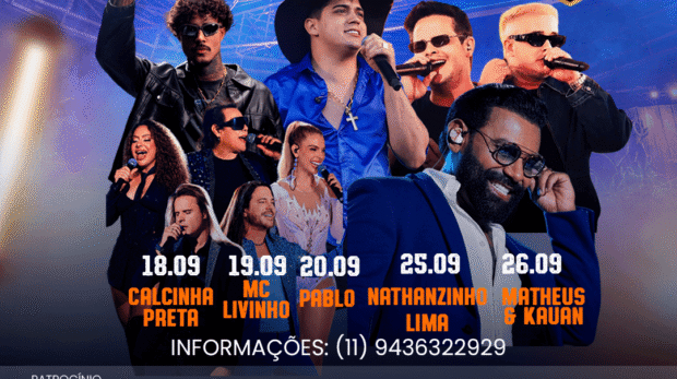 Festa do Peão de Taboão da Serra 2026 reúne cinco grandes atrações nacionais entre os dias 18 e 26 de setembro. Crédito: Divulgação