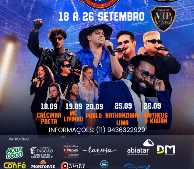 Festa do Peão de Taboão da Serra 2026 reúne cinco grandes atrações nacionais entre os dias 18 e 26 de setembro. Crédito: Divulgação