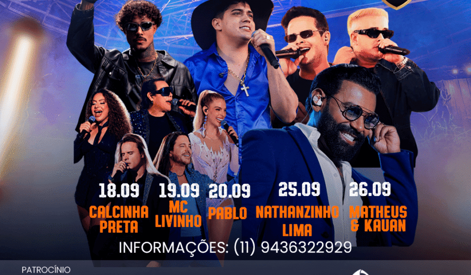 Festa do Peão de Taboão da Serra 2026 reúne cinco grandes atrações nacionais entre os dias 18 e 26 de setembro. Crédito: Divulgação