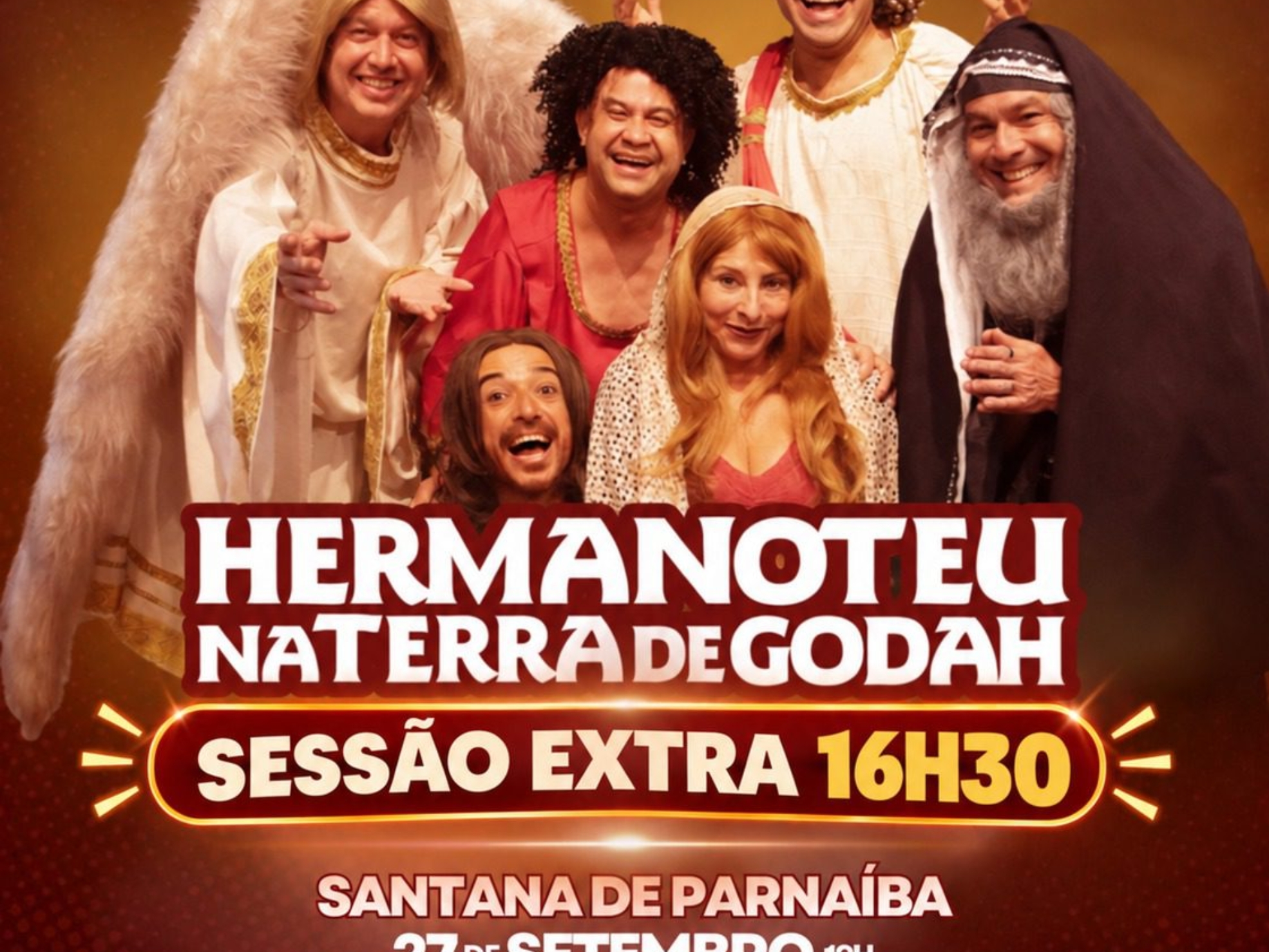 Hermanoteu na Terra de Godah, da Cia. de Comédia Os Melhores do Mundo, terá duas apresentações neste domingo (27), na Arena de Eventos de Santana de Parnaíba. A sessão extra acontece às 16h30, além da apresentação das 19h. Crédito: Divulgação