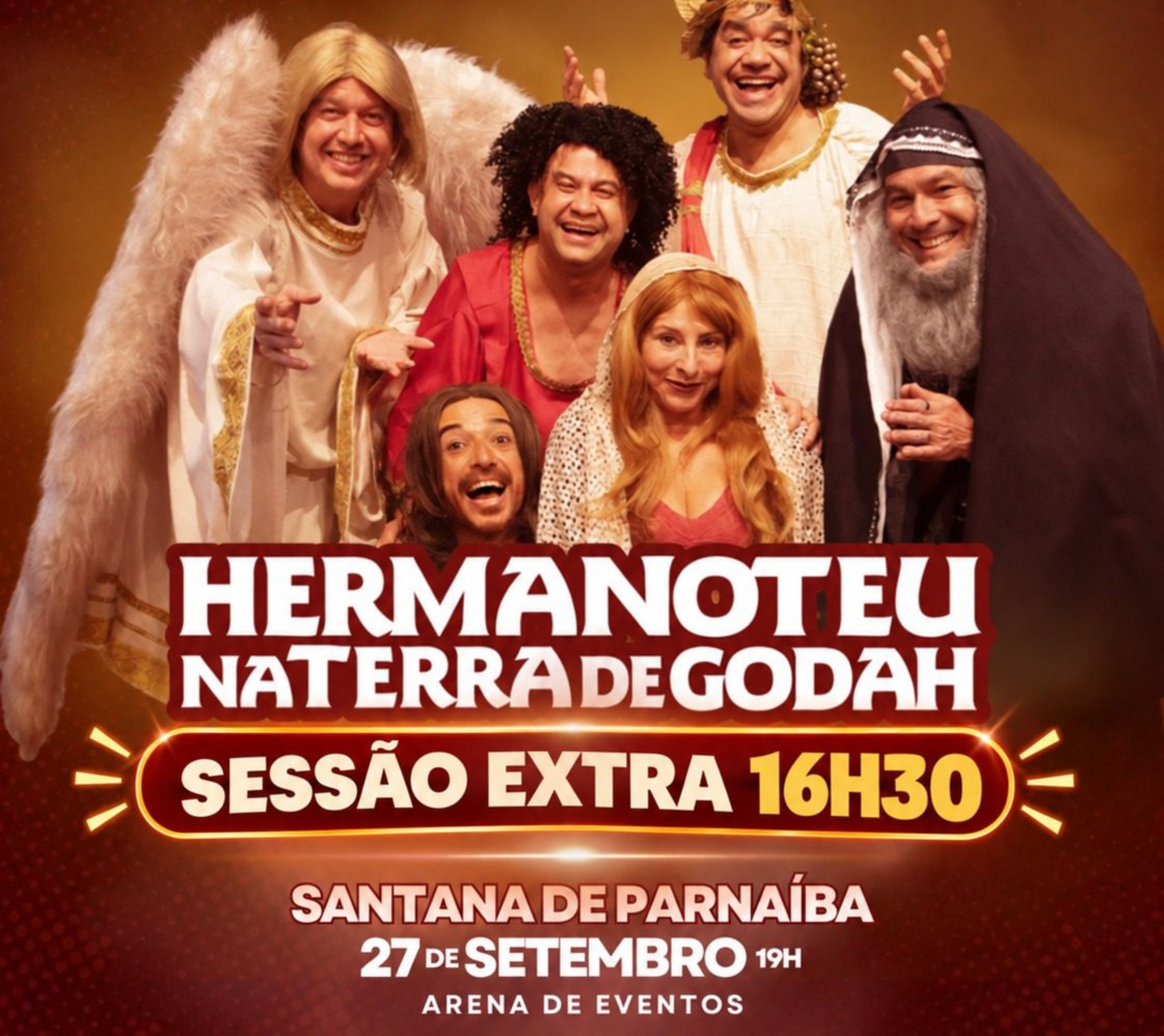 Hermanoteu na Terra de Godah, da Cia. de Comédia Os Melhores do Mundo, terá duas apresentações neste domingo (27), na Arena de Eventos de Santana de Parnaíba. A sessão extra acontece às 16h30, além da apresentação das 19h. Crédito: Divulgação