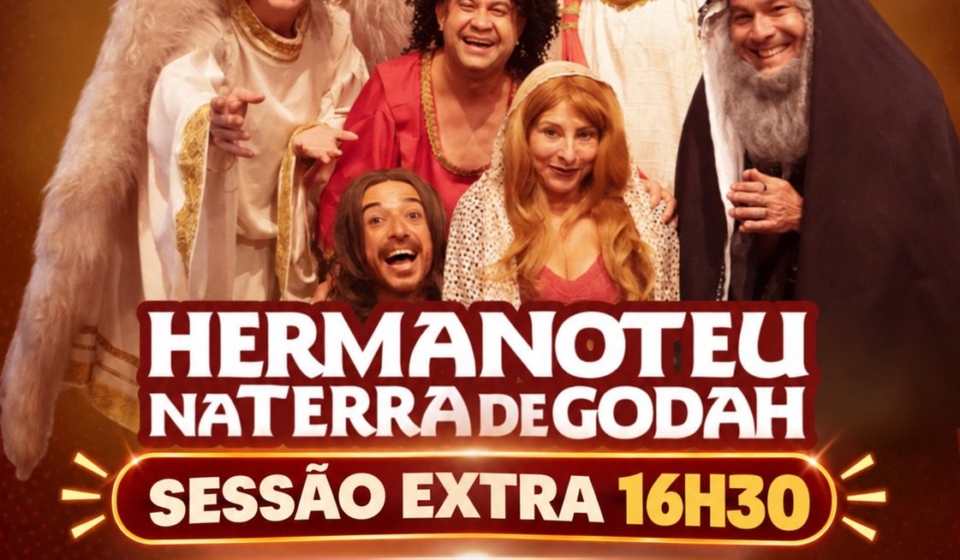 Hermanoteu na Terra de Godah, da Cia. de Comédia Os Melhores do Mundo, terá duas apresentações neste domingo (27), na Arena de Eventos de Santana de Parnaíba. A sessão extra acontece às 16h30, além da apresentação das 19h. Crédito: Divulgação
