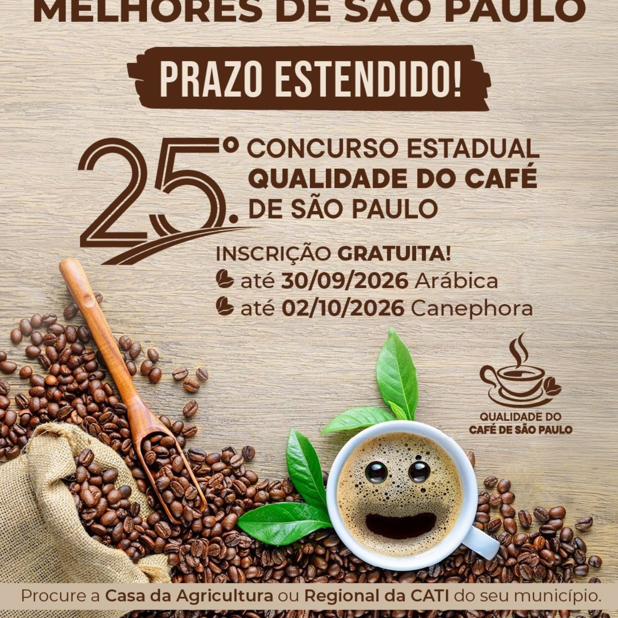 Cafeicultores paulistas podem participar do 25º Concurso Estadual Qualidade do Café de São Paulo, que reconhece a qualidade e valoriza a produção cafeeira do Estado.

Crédito: Divulgação