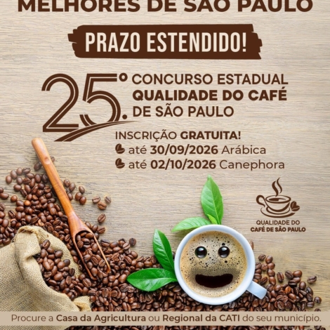 Cafeicultores paulistas podem participar do 25º Concurso Estadual Qualidade do Café de São Paulo, que reconhece a qualidade e valoriza a produção cafeeira do Estado.

Crédito: Divulgação