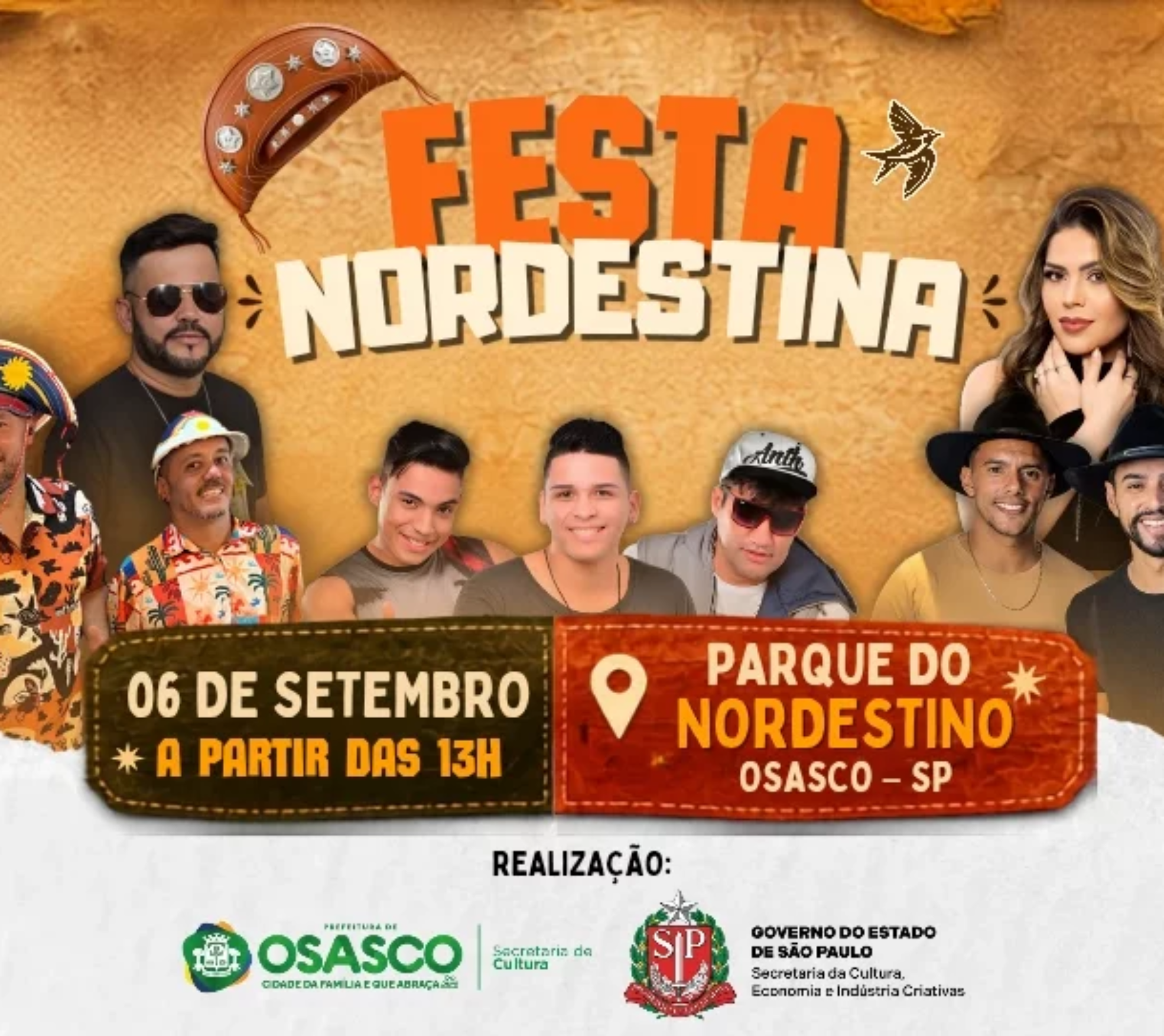 1ª Festa Nordestina de Osasco acontece neste domingo (6), no Parque do Nordestino, com programação gratuita dedicada à música e à cultura popular nordestina.

Crédito: Divulgação