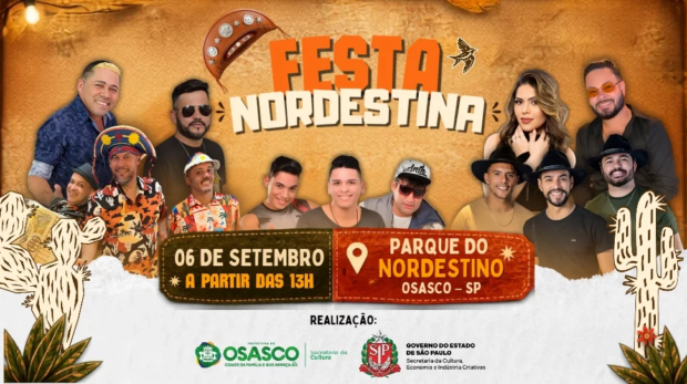1ª Festa Nordestina de Osasco acontece neste domingo (6), no Parque do Nordestino, com programação gratuita dedicada à música e à cultura popular nordestina.
Crédito: Divulgação