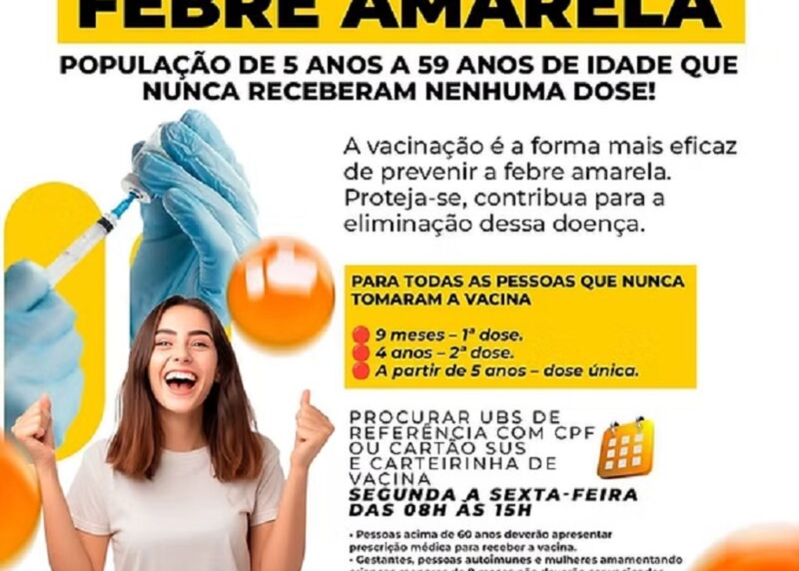 A Prefeitura, por meio da Secretaria de Saúde, convoca pais de bebês de 6 a 8 meses para a dose inicial e também as pessoas de 5 a 59 anos que NUNCA foram vacinadas contra a doença para garantirem sua proteção.

Crédito: Prefeitura De Araçariguama