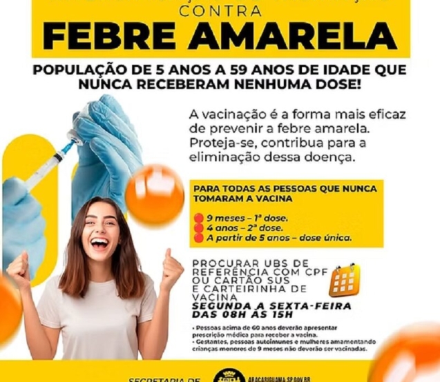A Prefeitura, por meio da Secretaria de Saúde, convoca pais de bebês de 6 a 8 meses para a dose inicial e também as pessoas de 5 a 59 anos que NUNCA foram vacinadas contra a doença para garantirem sua proteção.

Crédito: Prefeitura De Araçariguama