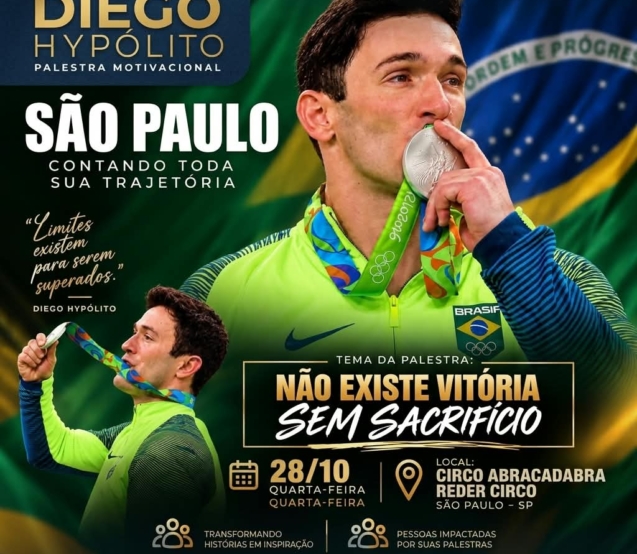 Cartaz oficial de divulgação da palestra motivacional do ex-ginasta Diego Hypólito em São Paulo, agendada para esta quarta-feira (28), às 20h. Sob o tema "Não existe vitória sem sacrifício", o medalhista olímpico ministra conferência com foco em superação de crises, resiliência e alta performance no espaço do Circo Abracadabra Reder Circo.

Crédito: Divulgação