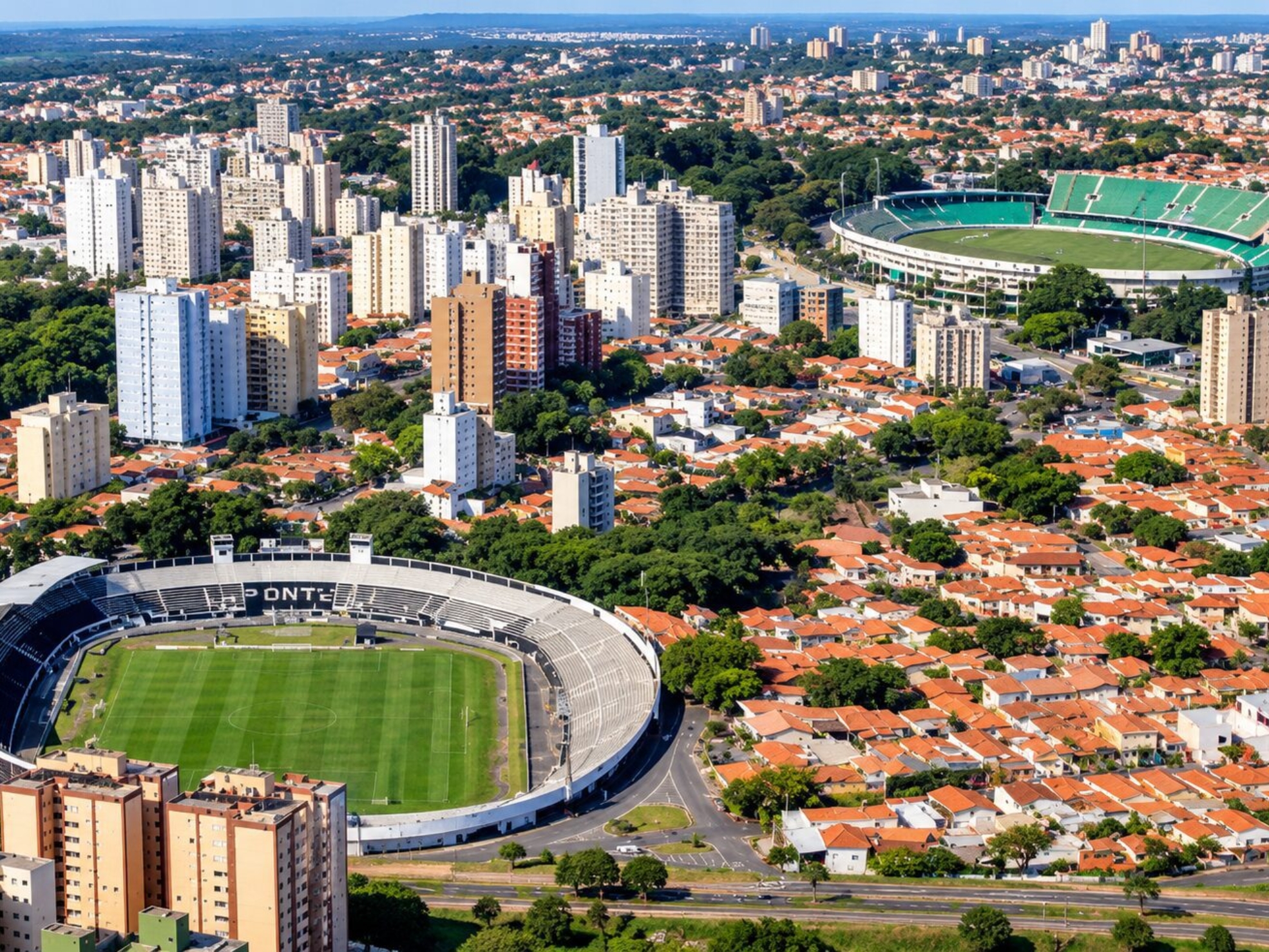 Ilustração: Vista aérea representativa da paisagem urbana de Campinas e de seus estádios de futebol. O momento vivido por Ponte Preta e Guarani reacende o debate sobre a importância do futebol para a identidade da cidade e suas oportunidades de projeção nacional, turismo e negócios.