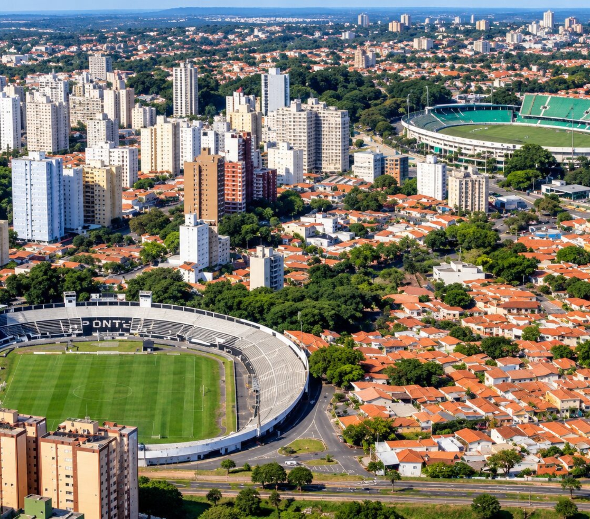 Ilustração: Vista aérea representativa da paisagem urbana de Campinas e de seus estádios de futebol. O momento vivido por Ponte Preta e Guarani reacende o debate sobre a importância do futebol para a identidade da cidade e suas oportunidades de projeção nacional, turismo e negócios.